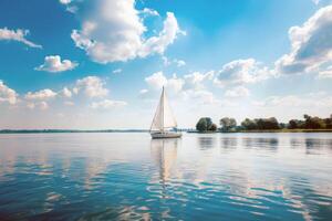 Sailboat drifting lazily on calm lake, its sails billowing in the gentle summer breeze photo