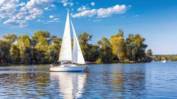 Sailboat drifting lazily on calm lake, its sails billowing in the gentle summer breeze photo