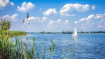 Sailboat drifting lazily on calm lake, its sails billowing in the gentle summer breeze photo