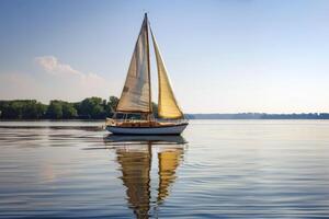 Sailboat drifting lazily on calm lake, its sails billowing in the gentle summer breeze photo