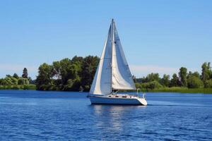 Sailboat drifting lazily on calm lake, its sails billowing in the gentle summer breeze photo