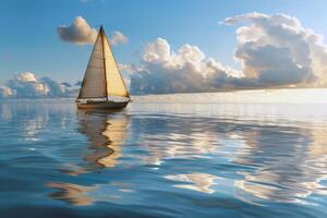 Sailboat drifting lazily on calm lake, its sails billowing in the gentle summer breeze photo