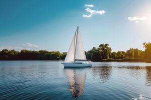 Sailboat drifting lazily on calm lake, its sails billowing in the gentle summer breeze photo