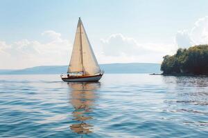 Sailboat drifting lazily on calm lake, its sails billowing in the gentle summer breeze photo