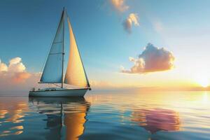 Sailboat drifting lazily on calm lake, its sails billowing in the gentle summer breeze photo