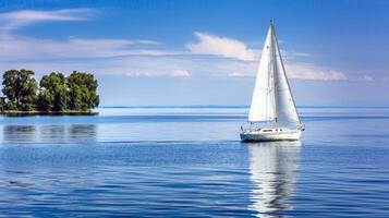 Sailboat drifting lazily on calm lake, its sails billowing in the gentle summer breeze photo