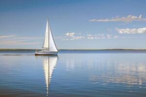 Sailboat drifting lazily on calm lake, its sails billowing in the gentle summer breeze photo