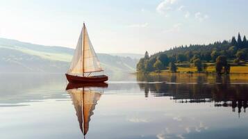 Sailboat drifting lazily on calm lake, its sails billowing in the gentle summer breeze photo