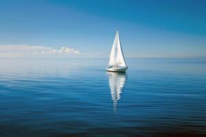 Sailboat drifting lazily on calm lake, its sails billowing in the gentle summer breeze photo