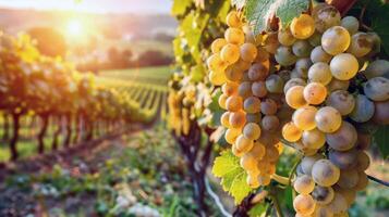 Lush vineyard bathed in sunlight with ripe fruit waiting to be harvested in the peak of summer photo