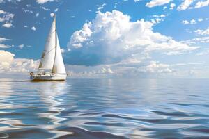 Sailboat drifting lazily on calm lake, its sails billowing in the gentle summer breeze photo