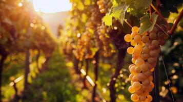 Lush vineyard bathed in sunlight with ripe fruit waiting to be harvested in the peak of summer photo