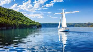 Sailboat drifting lazily on calm lake, its sails billowing in the gentle summer breeze photo