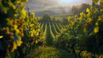 Lush vineyard bathed in sunlight with ripe fruit waiting to be harvested in the peak of summer photo