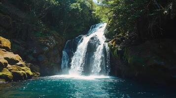 majestuoso cascada cascada abajo cubierto de musgo rocas dentro refrescante piscina abajo foto