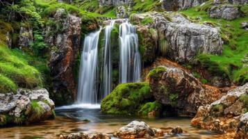 majestuoso cascada cascada abajo cubierto de musgo rocas dentro refrescante piscina abajo foto