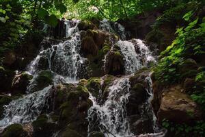 majestuoso cascada cascada abajo cubierto de musgo rocas dentro refrescante piscina abajo foto