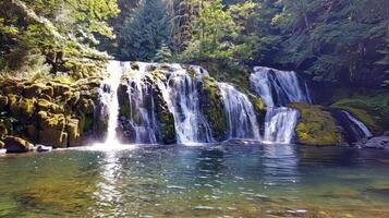 Majestic waterfall cascading down moss-covered rocks into refreshing pool below photo