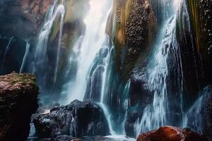 majestuoso cascada cascada abajo cubierto de musgo rocas dentro refrescante piscina abajo foto