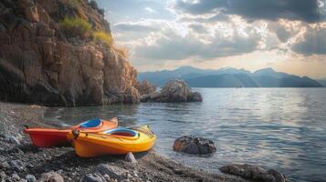 par de vistoso kayaks descansando en el costa, llamando aventureros a explorar oculto calas foto