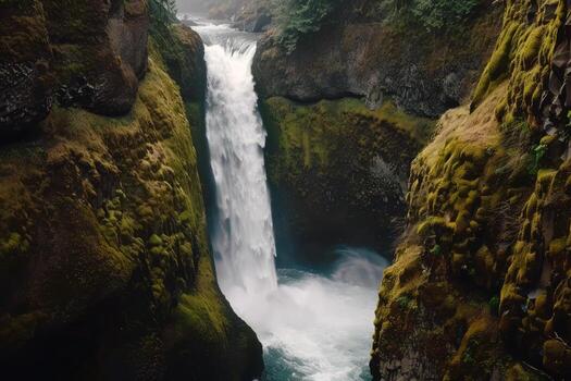 Majestic waterfall cascading down moss-covered rocks into refreshing pool below photo