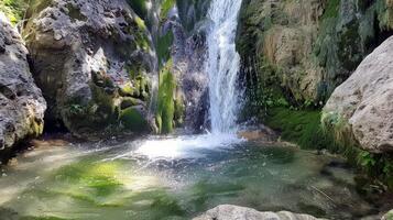 majestuoso cascada cascada abajo cubierto de musgo rocas dentro refrescante piscina abajo foto