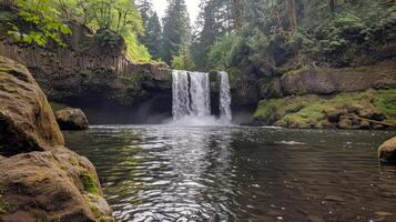 Majestic waterfall cascading down moss-covered rocks into refreshing pool below photo