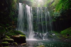 majestuoso cascada cascada abajo cubierto de musgo rocas dentro refrescante piscina abajo foto