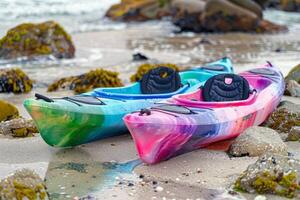 Pair of colorful kayaks resting on the shore, beckoning adventurers to explore hidden coves photo