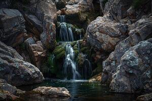 majestuoso cascada cascada abajo cubierto de musgo rocas dentro refrescante piscina abajo foto
