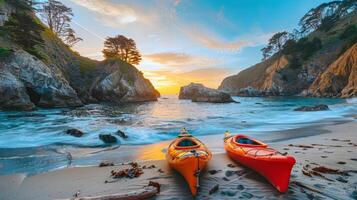 Pair of colorful kayaks resting on the shore, beckoning adventurers to explore hidden coves photo