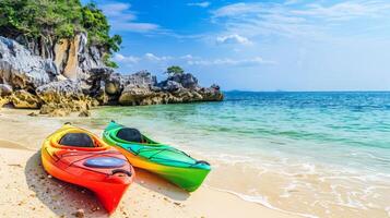 Pair of colorful kayaks resting on the shore, beckoning adventurers to explore hidden coves photo