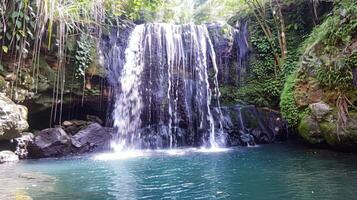 majestuoso cascada cascada abajo cubierto de musgo rocas dentro refrescante piscina abajo foto