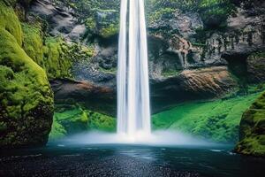 majestuoso cascada cascada abajo cubierto de musgo rocas dentro refrescante piscina abajo foto