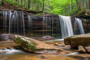 Majestic waterfall cascading down moss-covered rocks into refreshing pool below photo