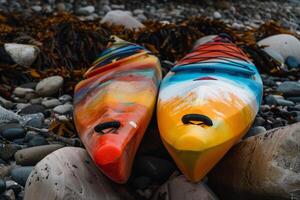 Pair of colorful kayaks resting on the shore, beckoning adventurers to explore hidden coves photo