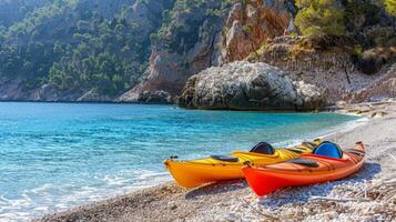 Pair of colorful kayaks resting on the shore, beckoning adventurers to explore hidden coves photo