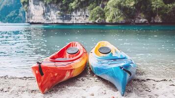 Pair of colorful kayaks resting on the shore, beckoning adventurers to explore hidden coves photo