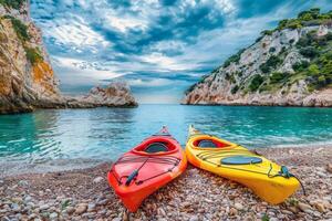 par de vistoso kayaks descansando en el costa, llamando aventureros a explorar oculto calas foto