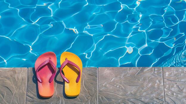 Pair of flip-flops left at the edge of pool, signaling carefree summer day photo