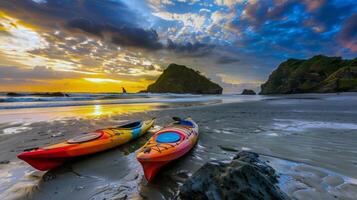 par de vistoso kayaks descansando en el costa, llamando aventureros a explorar oculto calas foto