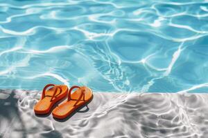 Pair of flip-flops left at the edge of pool, signaling carefree summer day photo