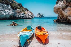 Pair of colorful kayaks resting on the shore, beckoning adventurers to explore hidden coves photo