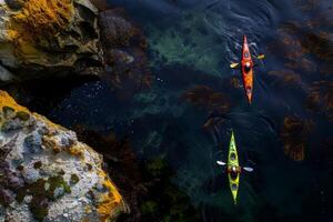 par de vistoso kayaks descansando en el costa, llamando aventureros a explorar oculto calas foto