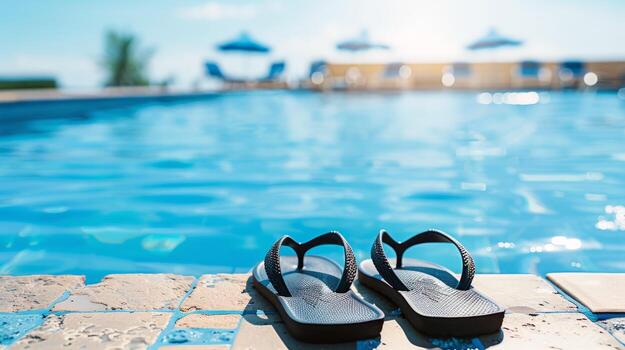 Pair of flip-flops left at the edge of pool, signaling carefree summer day photo