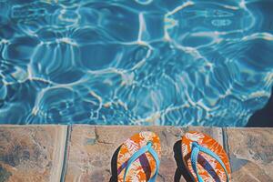 Pair of flip-flops left at the edge of pool, signaling carefree summer day photo