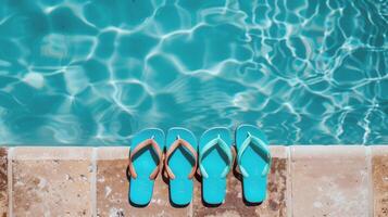 par de chancletas izquierda a el borde de piscina, señalización despreocupado verano día foto