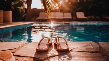 Pair of flip-flops left at the edge of pool, signaling carefree summer day photo