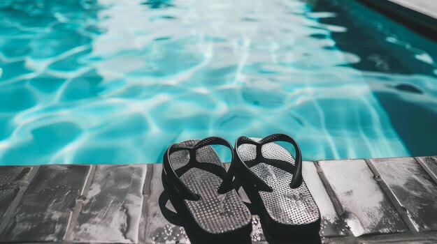 Pair of flip-flops left at the edge of pool, signaling carefree summer day photo