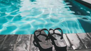 par de chancletas izquierda a el borde de piscina, señalización despreocupado verano día foto